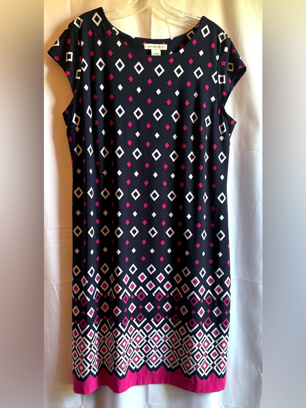 Liz Claiborne Navy Shift Dress with Pink & White Diamond Pattern Size Large